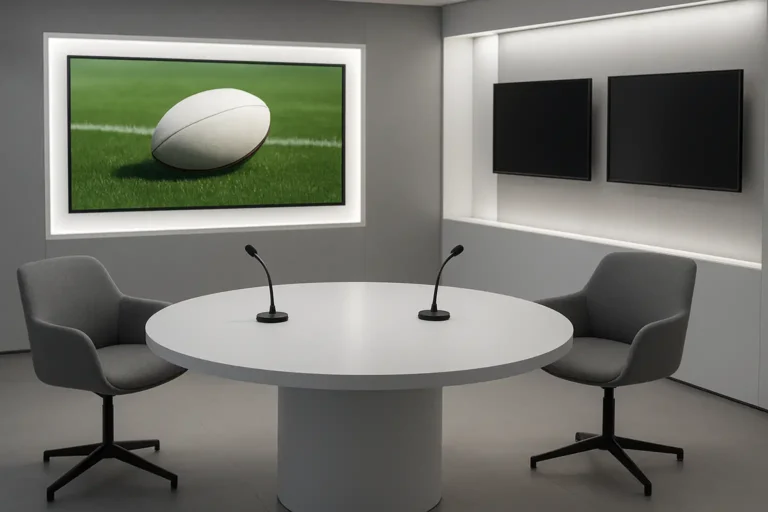 Plateau TV vide dédié à une émission de rugby, avec table ronde, micros et chaises