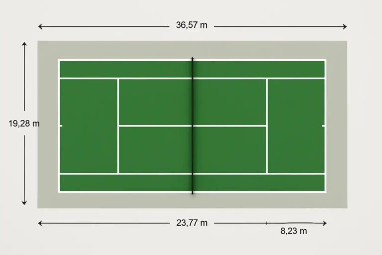 Schéma horizontal d’un court de tennis vu de dessus avec ses dimensions et la zone de dégagement