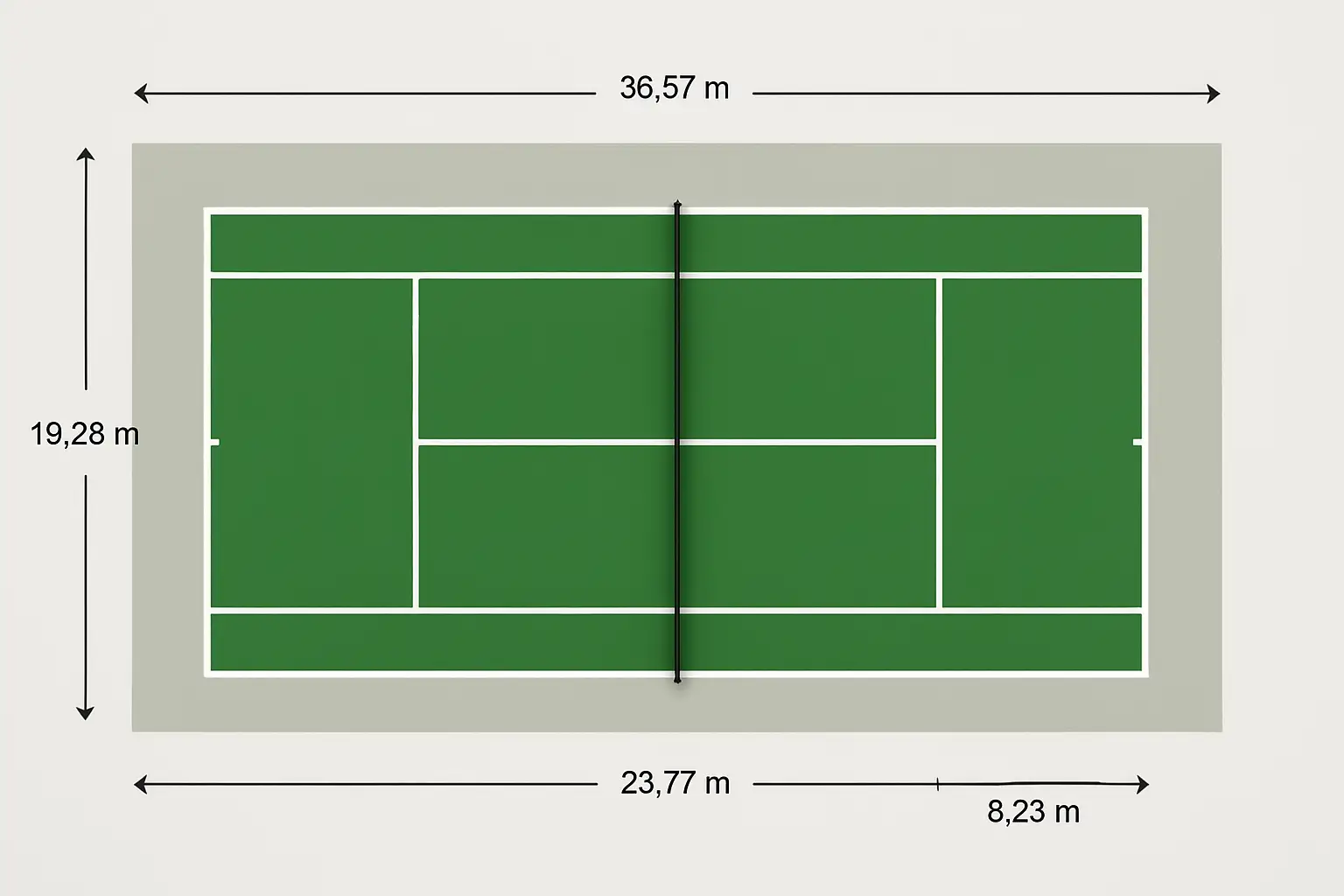 Schéma horizontal d’un court de tennis vu de dessus avec ses dimensions et la zone de dégagement