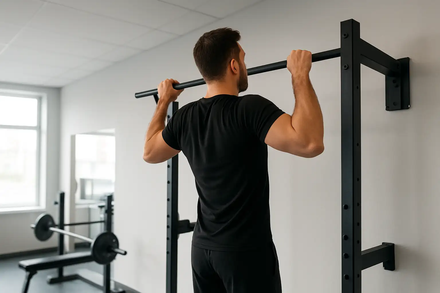 Personne réalisant une traction à la barre dans une salle de sport