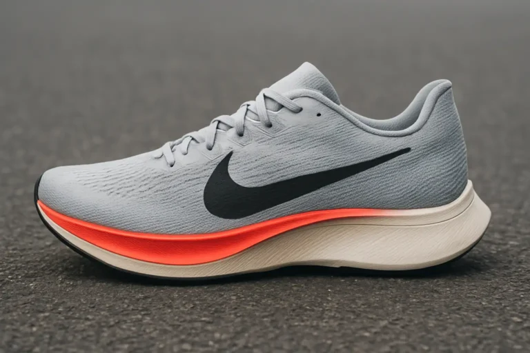 Nike Vaporfly 4 vue de profil sur une surface neutre, avec la semelle carbone et la semelle intermédiaire mises en valeur.