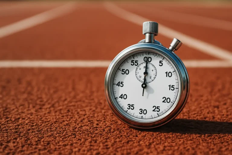 Chronomètre posé sur une piste d’athlétisme pour illustrer le calcul vitesse, temps et distance