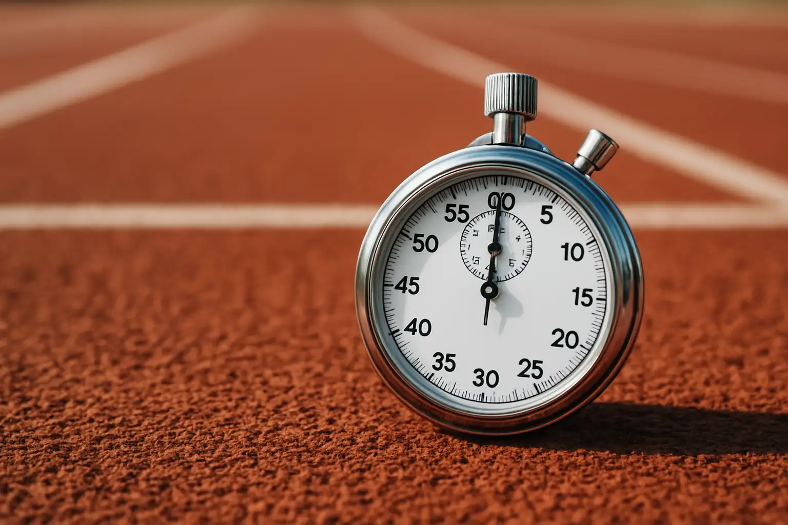 Chronomètre posé sur une piste d’athlétisme pour illustrer le calcul vitesse, temps et distance