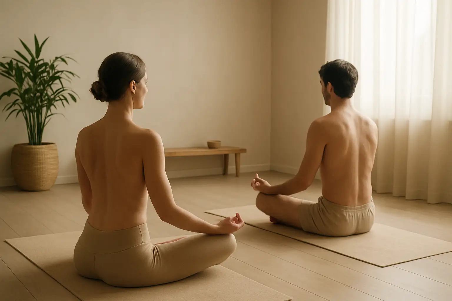 Séance de yoga nu dans un studio calme et discret