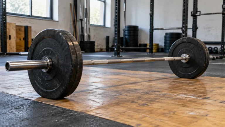 Barre olympique avec disques posée sur une plateforme d’haltérophilie